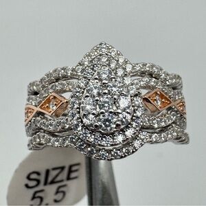 Sterling Silver 3-Band Pear Halo CZ Ring Wedding Bridal Size 5.5